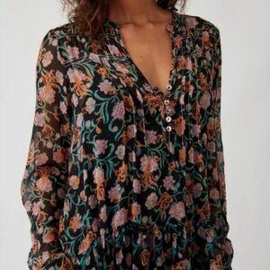 Free People Black and Pink Relaxed Buttoned Blouse
